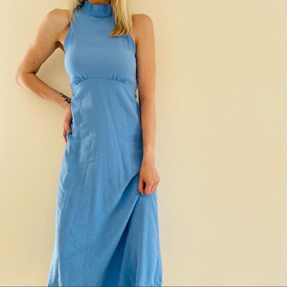 ZARA Halter Neck Sleeveless Linen Midi Bow Dress - Picture 3 of 9
